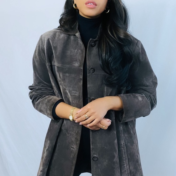 Vintage | Brown 100% Suede Leather Oversized 90s Coat with Button closure - Picture 3 of 7